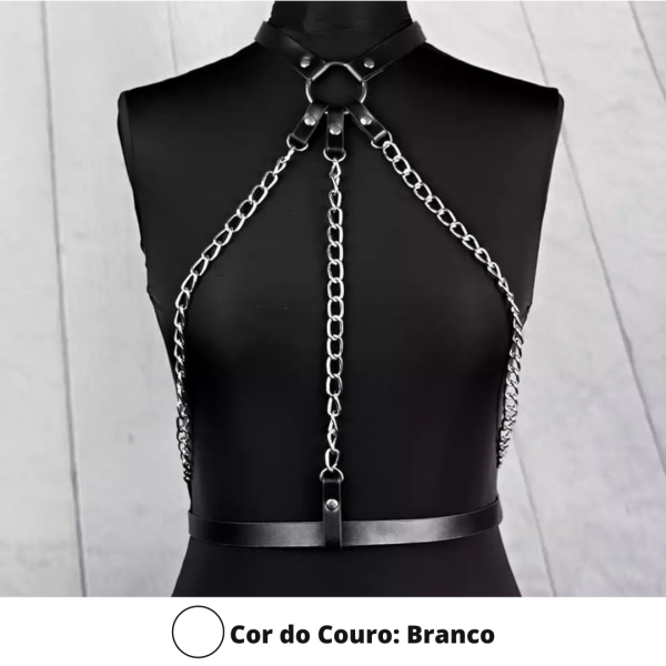 Colar Arreio Harness Com Correntes em Couro Branco BDSM