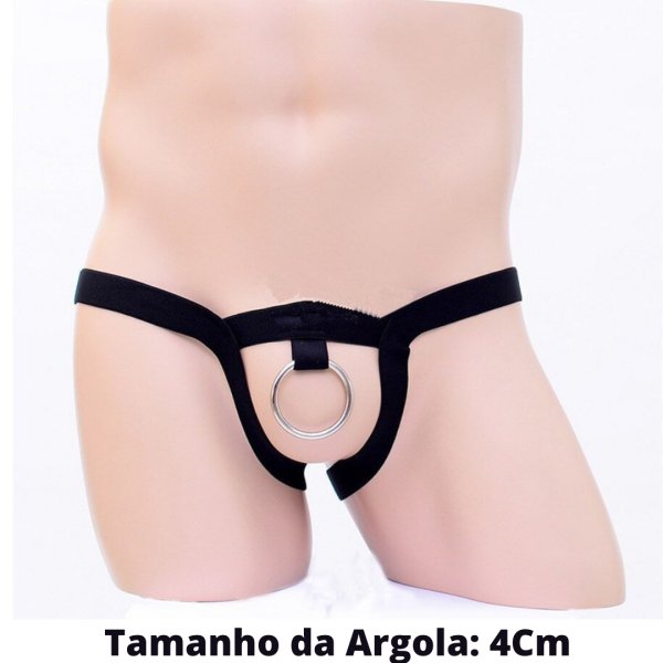 Anel Peniano Com Cinto Elástico Preto E Argola Aço 4 Cm