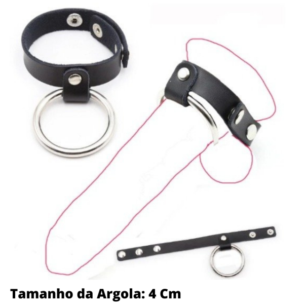 Anel Peniano Em Couro Com Regulagem em Botões Argola Metal 4 Cm