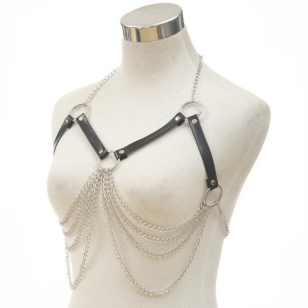 Conjunto Feminino Harness Erótico Fetiche Em Couro Vermelho e Correntes - Image 2