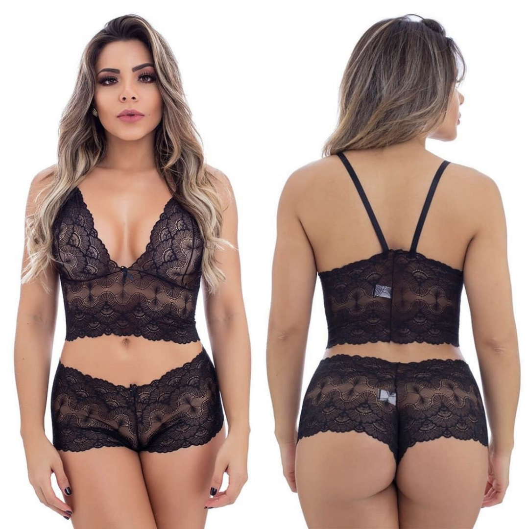 Conjunto Caleçon Em Renda Preto Sem Bojo Miss Collection