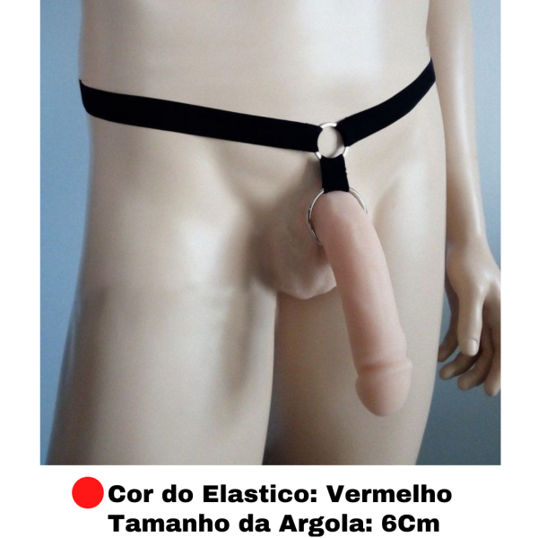 Cinto Em Elástico Vermelho Anel Peniano Com Argola Aço 6Cm