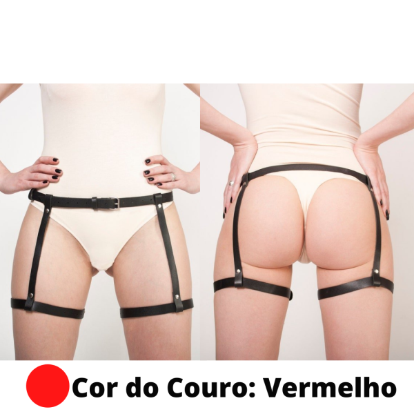 Cinto Feminino Com Cintura e Coxa Em Couro Vermelho
