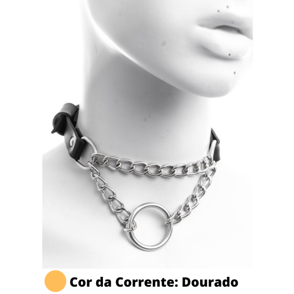 Colar Em Couro Preto Com Correntes e Argola Cor Dourado