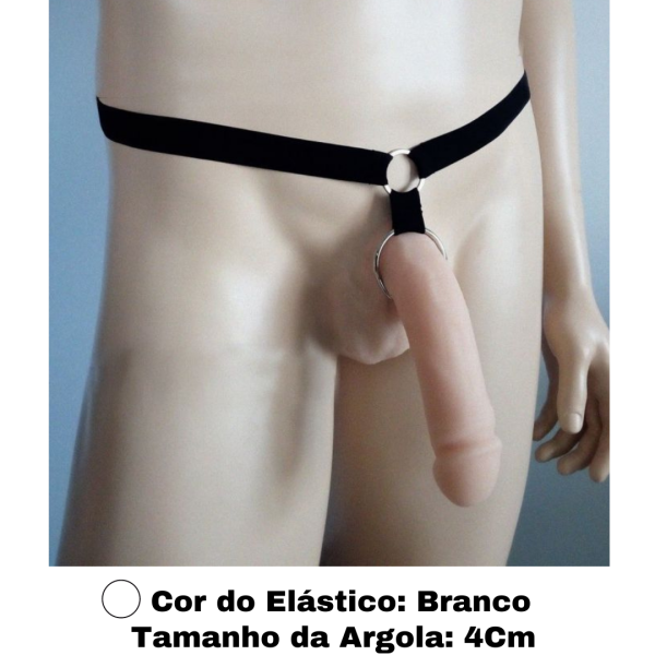 Cinto Em Elástico Branco Anel Peniano Com Argola em Aço 4Cm