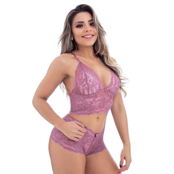 Conjunto Caleçon Em Renda Vinho Sem Bojo Miss Collection - Image 2