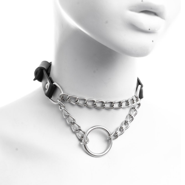 Colar Em Couro Preto Com Correntes e Argola Cor Dourado - Image 5