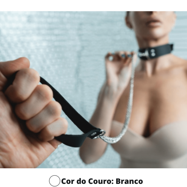 Coleira Guia Corrente Sexy em Couro Branco Com Detalhes em Metal