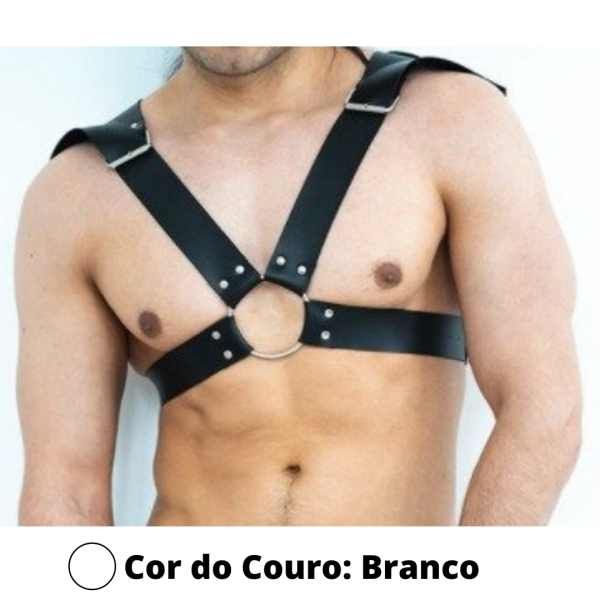 Arreio Harnes Em Couro Branco Com Argola e Regulagem Sado BDSM