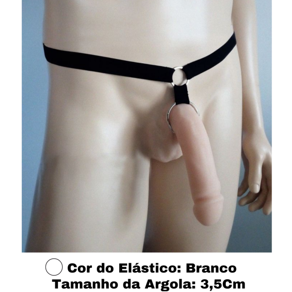 Cinto Em Elástico Branco Anel Peniano Com Argola em Aço 3,5Cm