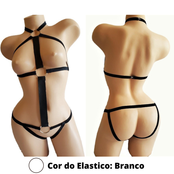 Body Conjunto Feminino em Elástico Branco Arnês Com Metais
