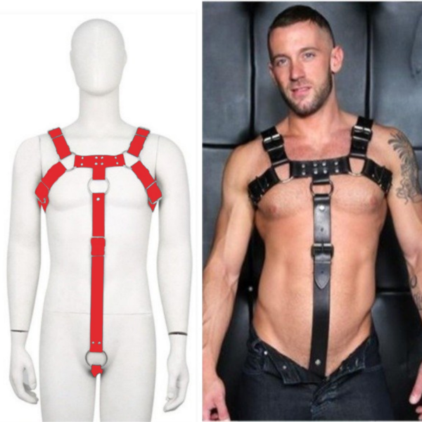 Arreio Peitoral Masculino Vermelho Com Anel Peniano 4cm e Metais - Image 3