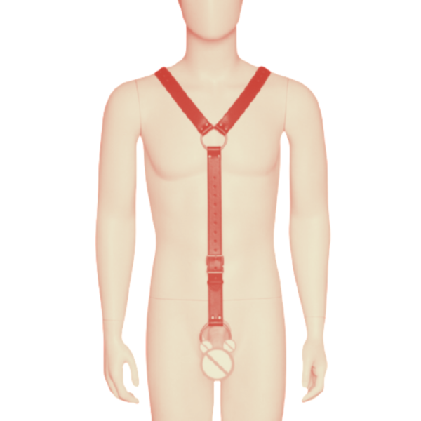 Arnês Masculino Em Couro Vermelho Com Anel Peniano 6 cm e Regulagem