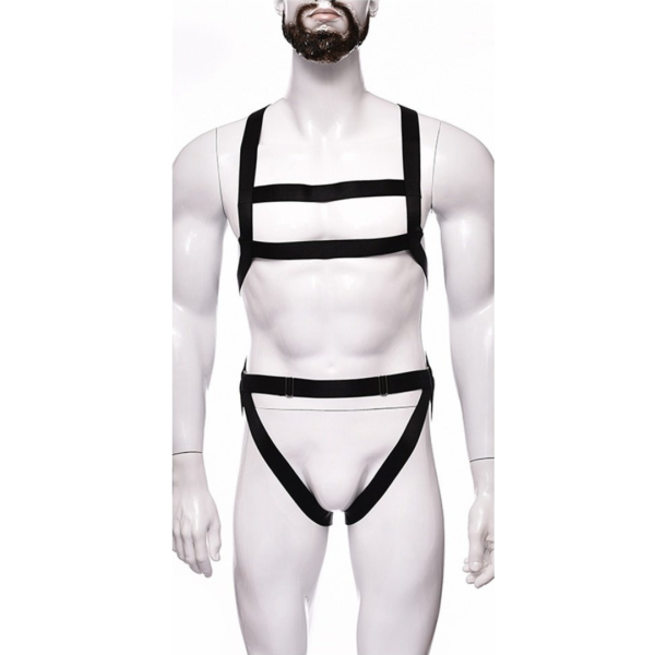 Body Arnês Masculino em Elástico Preto Com Cinto e Peitoral