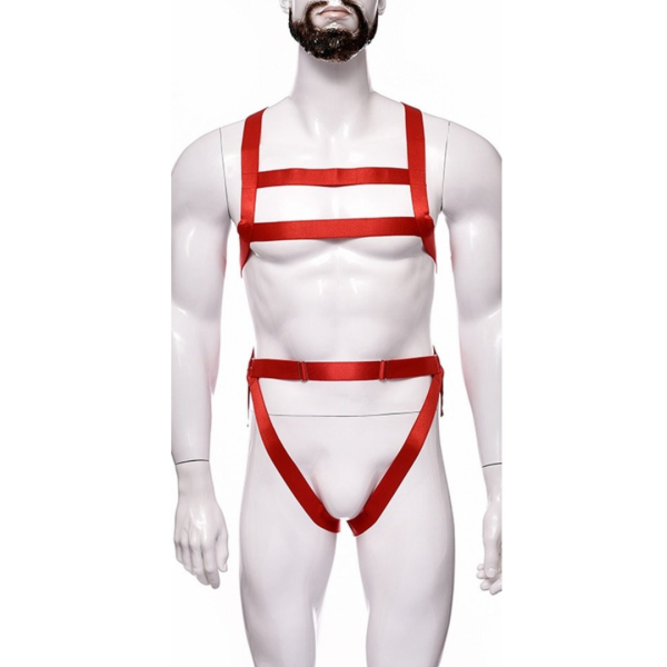 Body Arnês Masculino em Elástico Vermelho Com Cinto e Peitoral