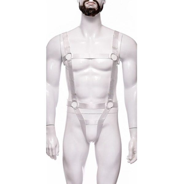 Arreio Masculino Completo Arnês em Elástico Branco Cinto e Peitoral - Image 5