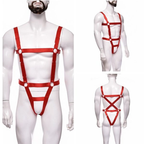Arreio Masculino Completo Arnês em Elástico Vermelho Cinto e Peitoral