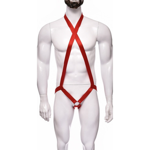 Arreio Arnês Masculino em Elástico Vermelho Com Anel 6 Cm Peniano