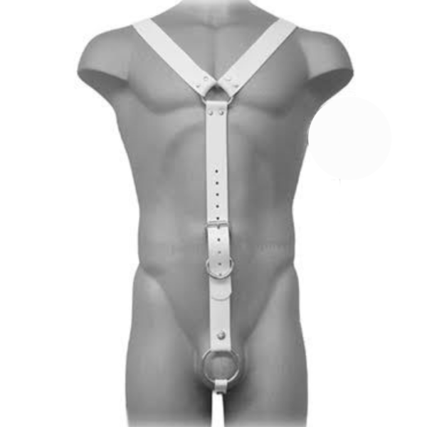 Arnês Masculino Em Couro Branco Com Anel 4,5 Cm Peniano e Regulagem