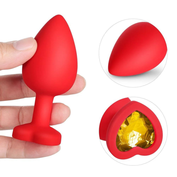 Kit Plug Anal Coração 3 Tamanhos em Silicone Vermelho Com Pedra - Image 2