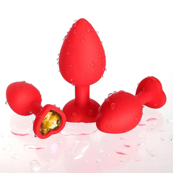 Kit Plug Anal Coração 3 Tamanhos em Silicone Vermelho Com Pedra - Image 6