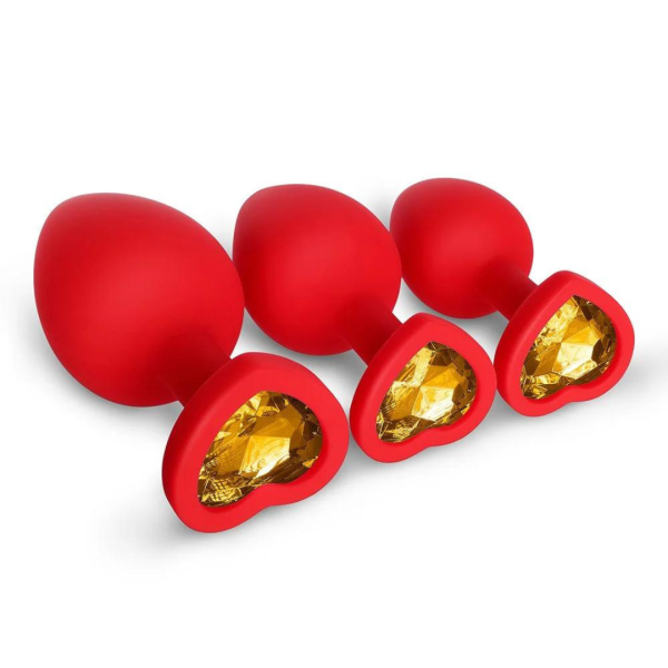 Kit Plug Anal Coração 3 Tamanhos em Silicone Vermelho Com Pedra