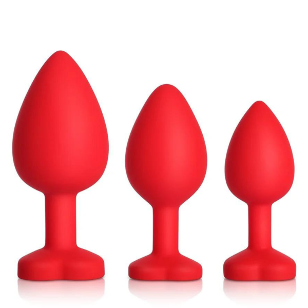 Kit Plug Anal Coração 3 Tamanhos em Silicone Vermelho Com Pedra - Image 3