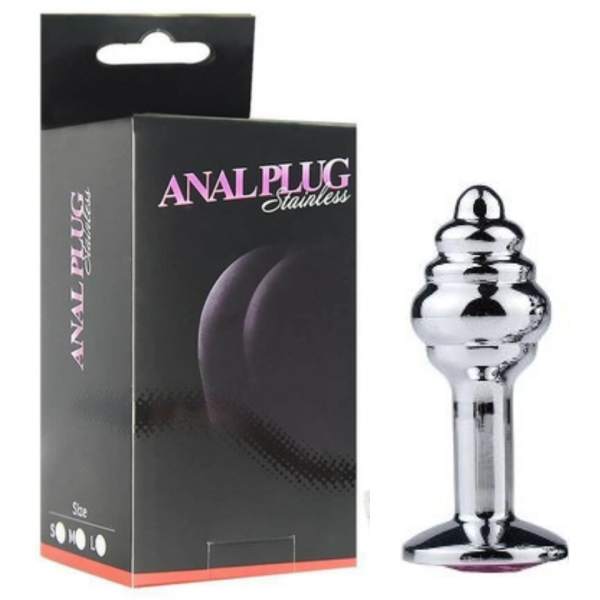 Plug Anal Escalonado Em Metal Corpo Alongado Com Pedra Colorida