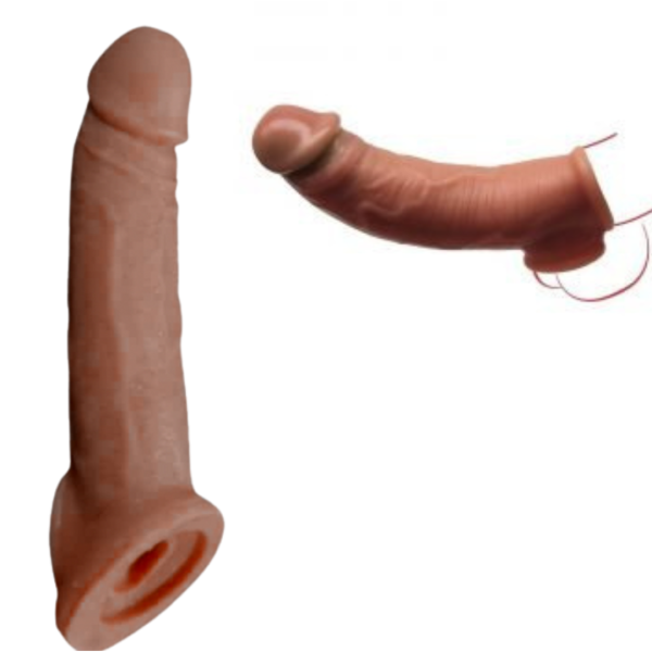 Capa Peniana em Cyberskin Com Anel para Escroto Marrom 20CM