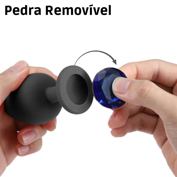 Plug Anal Médio 8x3,5Cm Silicone Flexível Preto Pedra Removível - Image 4