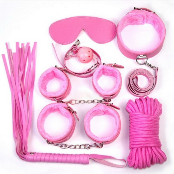 Kit Sadomasoquista Em Pelucia Rosa Com 7 Peças Diferentes