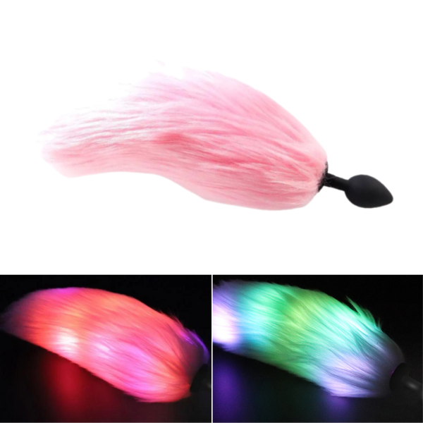 Plug Anal Silicone Preto Cauda Rosa Curta LED Colorido 7x2,8Cm