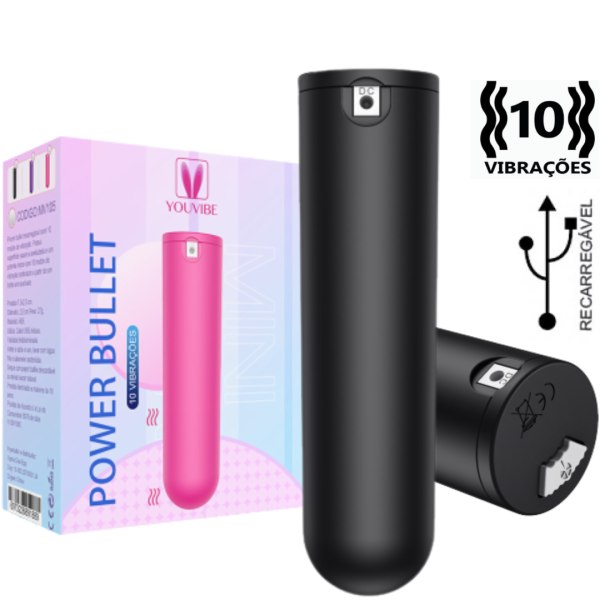 Power Bullet Preto Recarregável com 10 Modos de Vibração