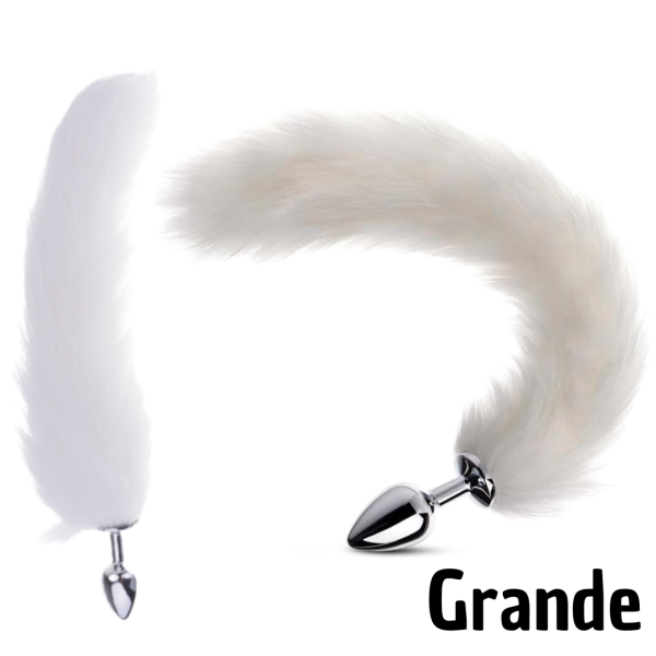 Plug Aço Grande Rabo de Raposa Anal Pelo Branco 9 x 4 Cm