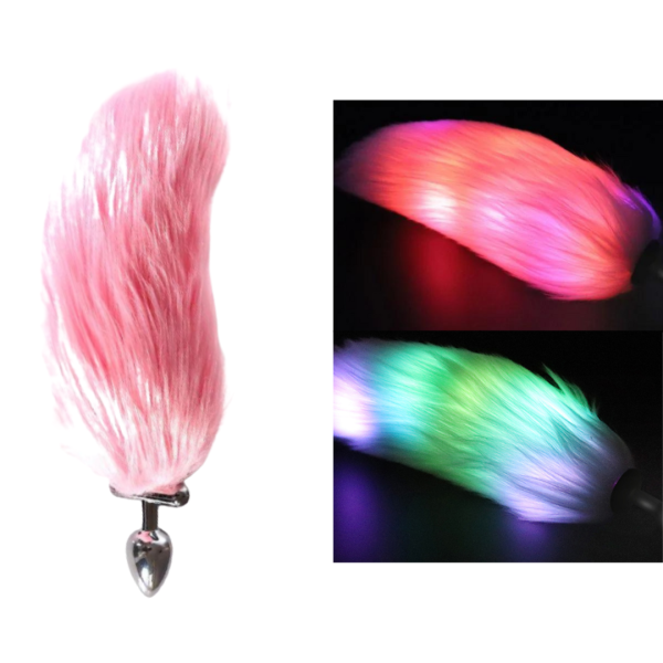 Plug Anal Aço Cauda Curta Rosa LED Com Cores 4 x 3 Cm