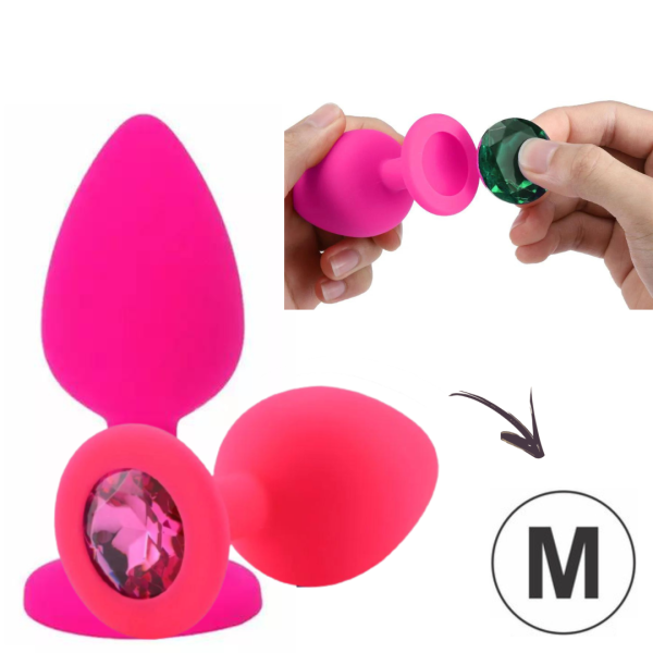 Plug Anal Médio 8x3,5Cm Silicone Flexível Rosa Pedra Removível