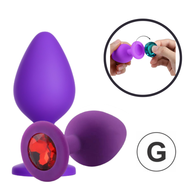 Plug Anal G Silicone Aveludado Lilás Joia Removível 9x4Cm