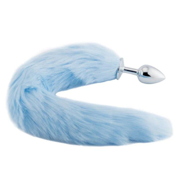 Plug Anal Cauda de Raposa Rabo Longo em Pelúcia Azul 7 x 2,8 Cm