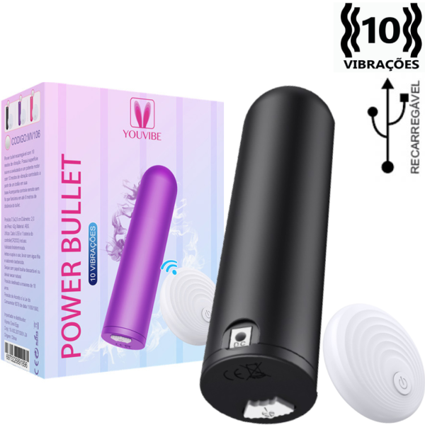 Vibrador Power Bullet Preto com Controle 10 Vibração - USB