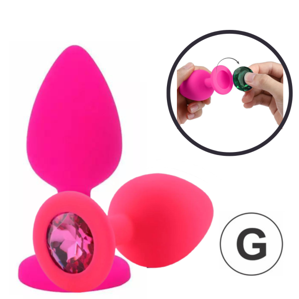Plug Anal G Silicone Macio Pink Com Joia Removível 9x4Cm