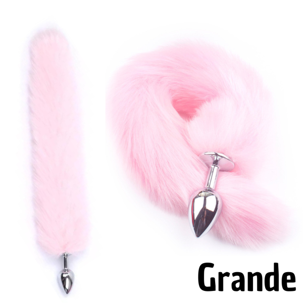 Plug Anal Aço Inoxidável Grande Rabo Raposa Pelúcia Rosa 9x4Cm
