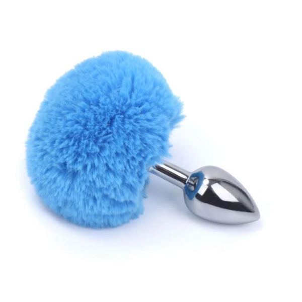 Plug Anal Em Metal Liso Com Pompom Coelho Azul 6x2,8 Cm
