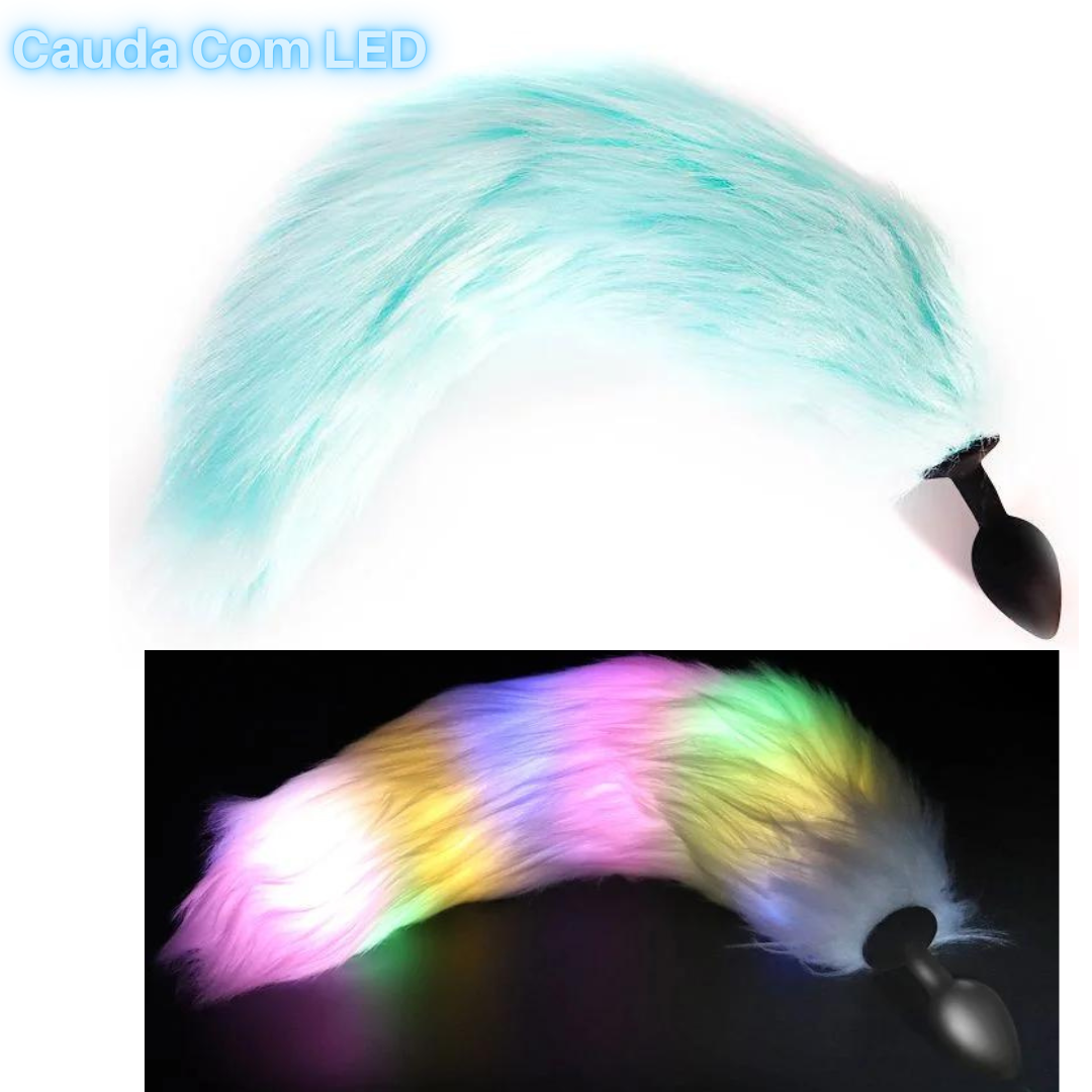 Plug Anal Silicone Preto Cauda Azul LED iluminada 7x2,8 Cm - Imagem 2