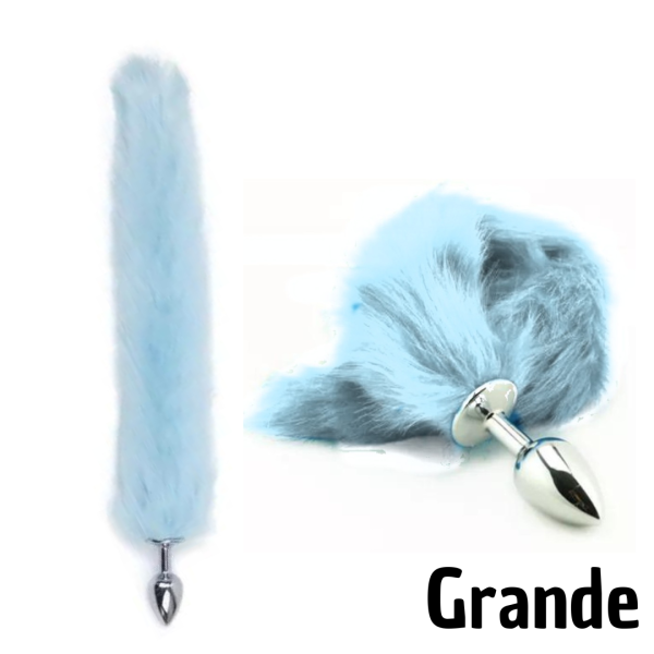 Plug Anal Alumínio Grande Rabo de Raposa Pelúcia Azul 9x4Cm