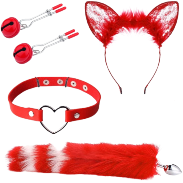 Kit Raposa Vermelha 4 em 1 Plug Com Rabo Orelhas e Grampos