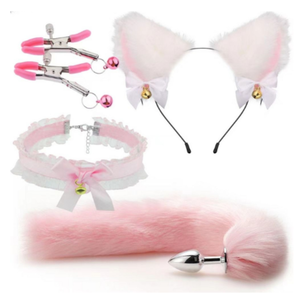 Kit Raposa Charmosa Rosa 4 em 1 Plug Com Rabo Orelhas e Grampos