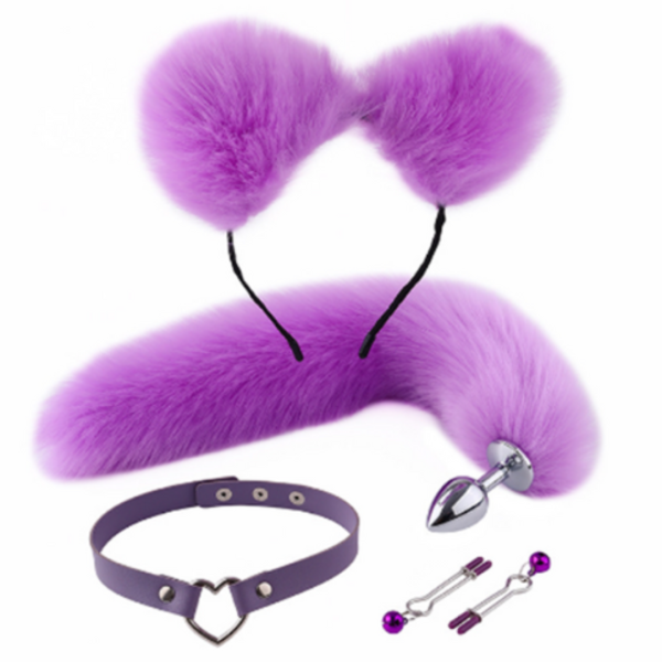 Kit Raposa Plug Cauda, Tiara, Coleira, Prendedor de Mamilo
