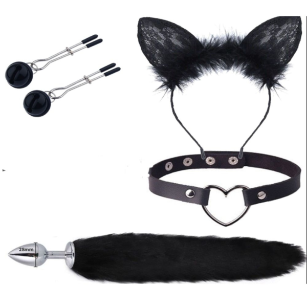Kit Raposa Preto 4 em 1 Plug Com Cauda, Orelhas e Grampos
