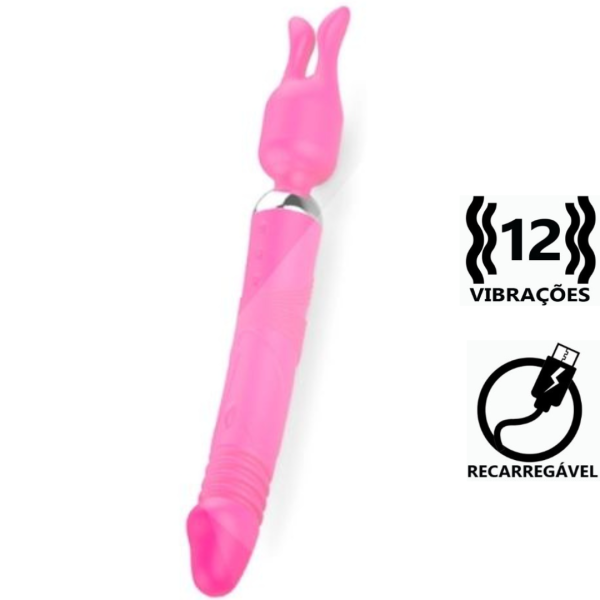 Vibrador Duplo Com Penetrador Vai e Vem e Estimulador - USB