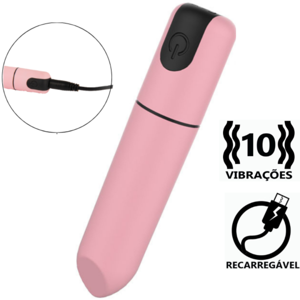 Vibrador Cápsula Rosa Aveludada Recarregável, 10 Velocidades